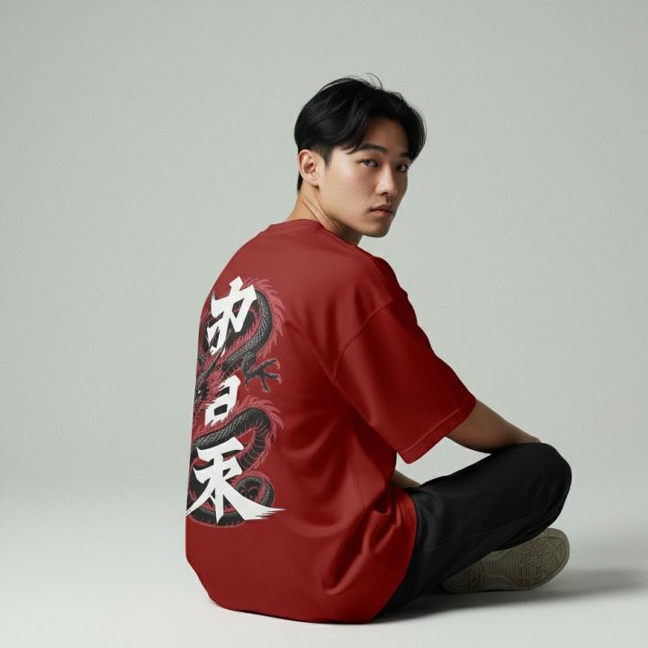 Samurai Dragon Oversized T-Shirt – Japanese Kanji Art (Red)